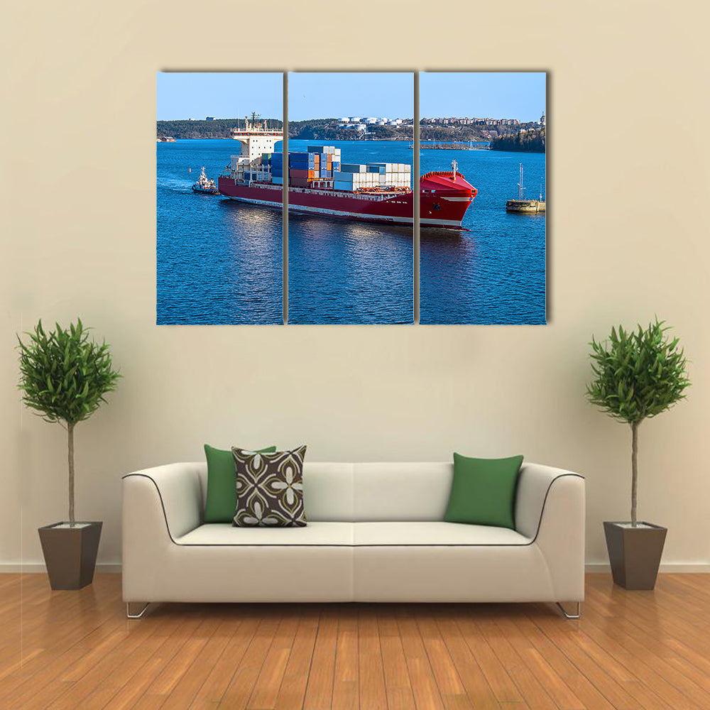 Beautiful Scene Of A Ship In Water, Ready For Cargo Multi Panel Canvas Wall Art