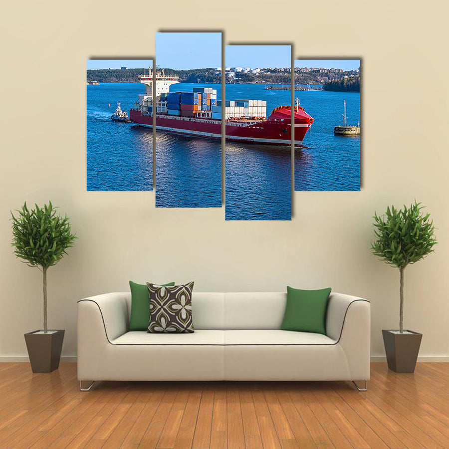 Beautiful Scene Of A Ship In Water, Ready For Cargo Multi Panel Canvas Wall Art