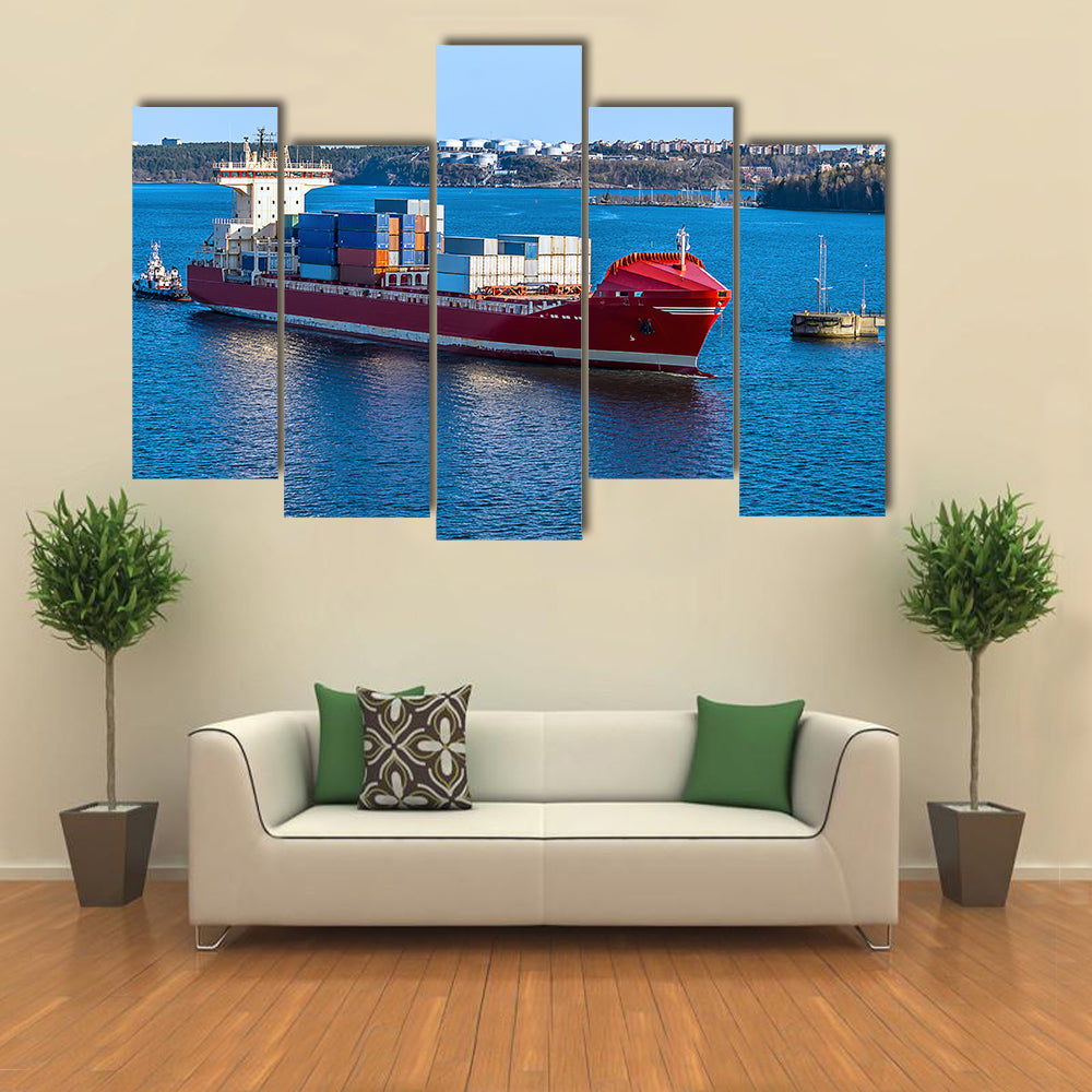 Beautiful Scene Of A Ship In Water, Ready For Cargo Multi Panel Canvas Wall Art