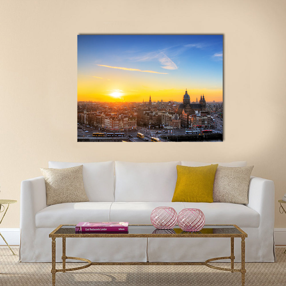 Sunset cityscape in winter of the skyline of Amsterdam, the Netherlands HDR Multi panel canvas wall art