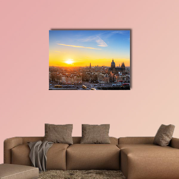 Sunset cityscape in winter of the skyline of Amsterdam, canvas wall art