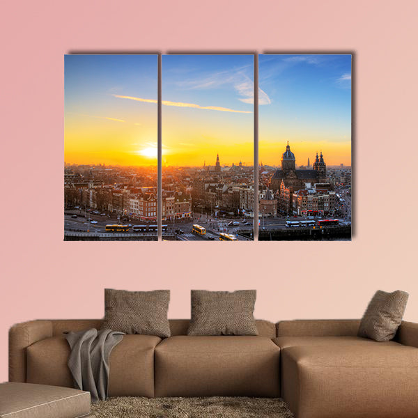 Sunset cityscape in winter of the skyline of Amsterdam, canvas wall art