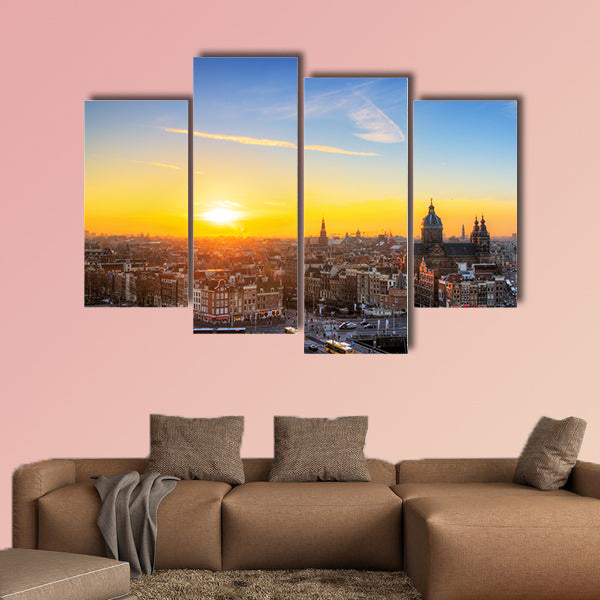 Sunset cityscape in winter of the skyline of Amsterdam, canvas wall art