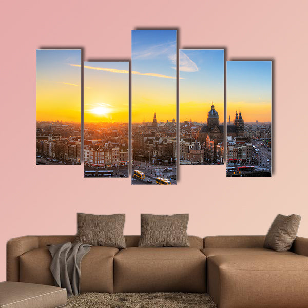 Sunset cityscape in winter of the skyline of Amsterdam, canvas wall art