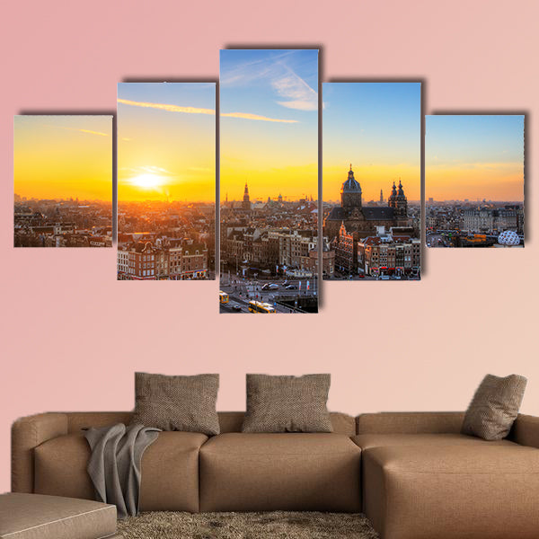 Sunset cityscape in winter of the skyline of Amsterdam, canvas wall art
