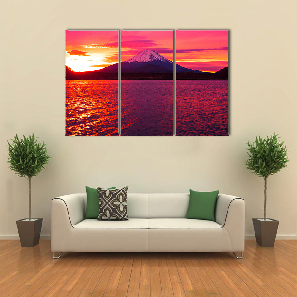Mount Fuji and Lake Shojiko at sunrise multi panel canvas wall art