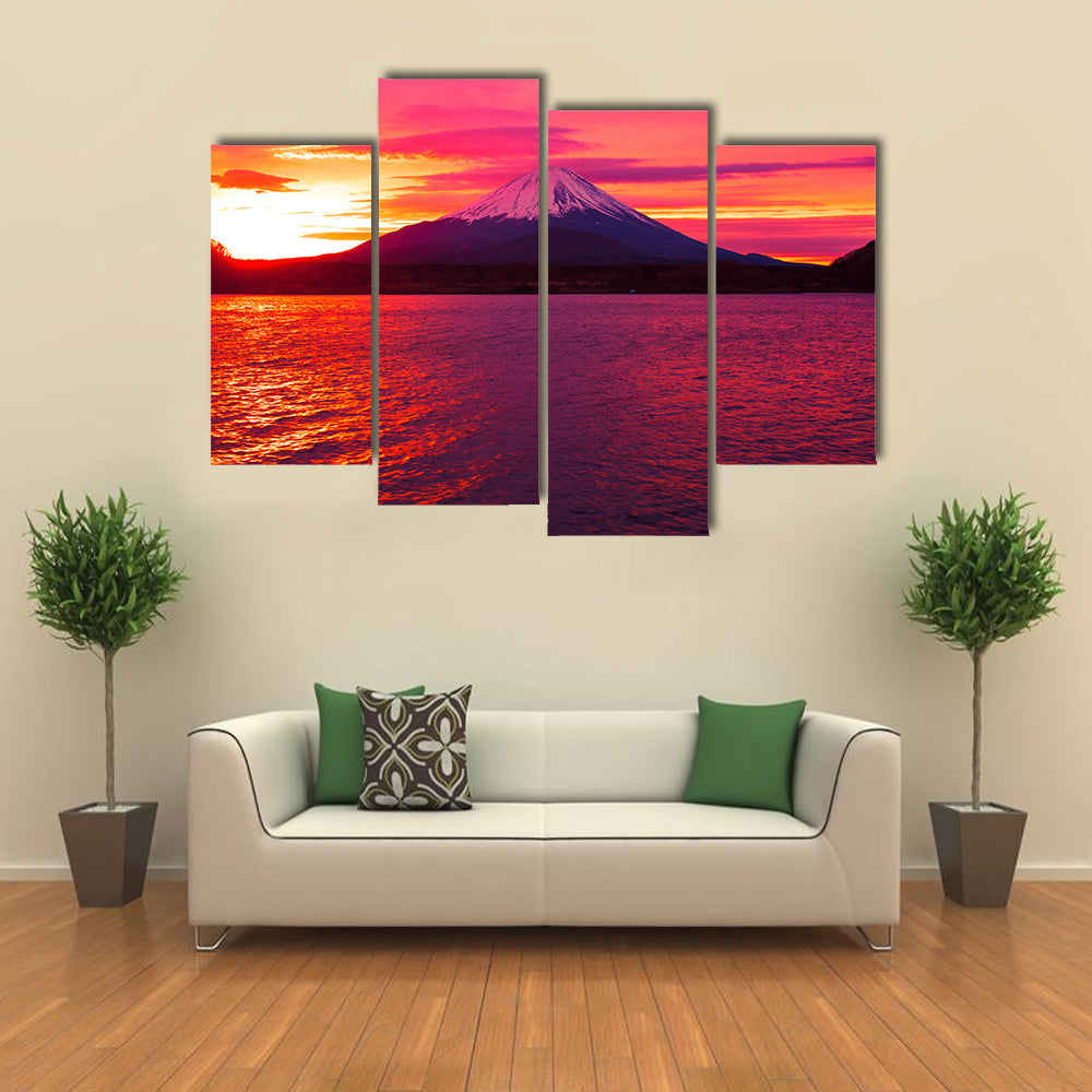Mount Fuji and Lake Shojiko at sunrise multi panel canvas wall art