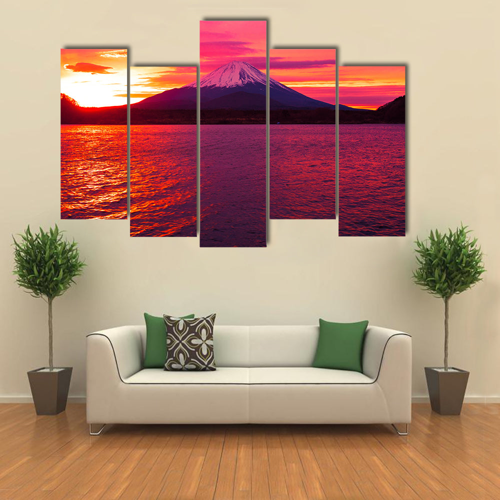 Mount Fuji and Lake Shojiko at sunrise multi panel canvas wall art