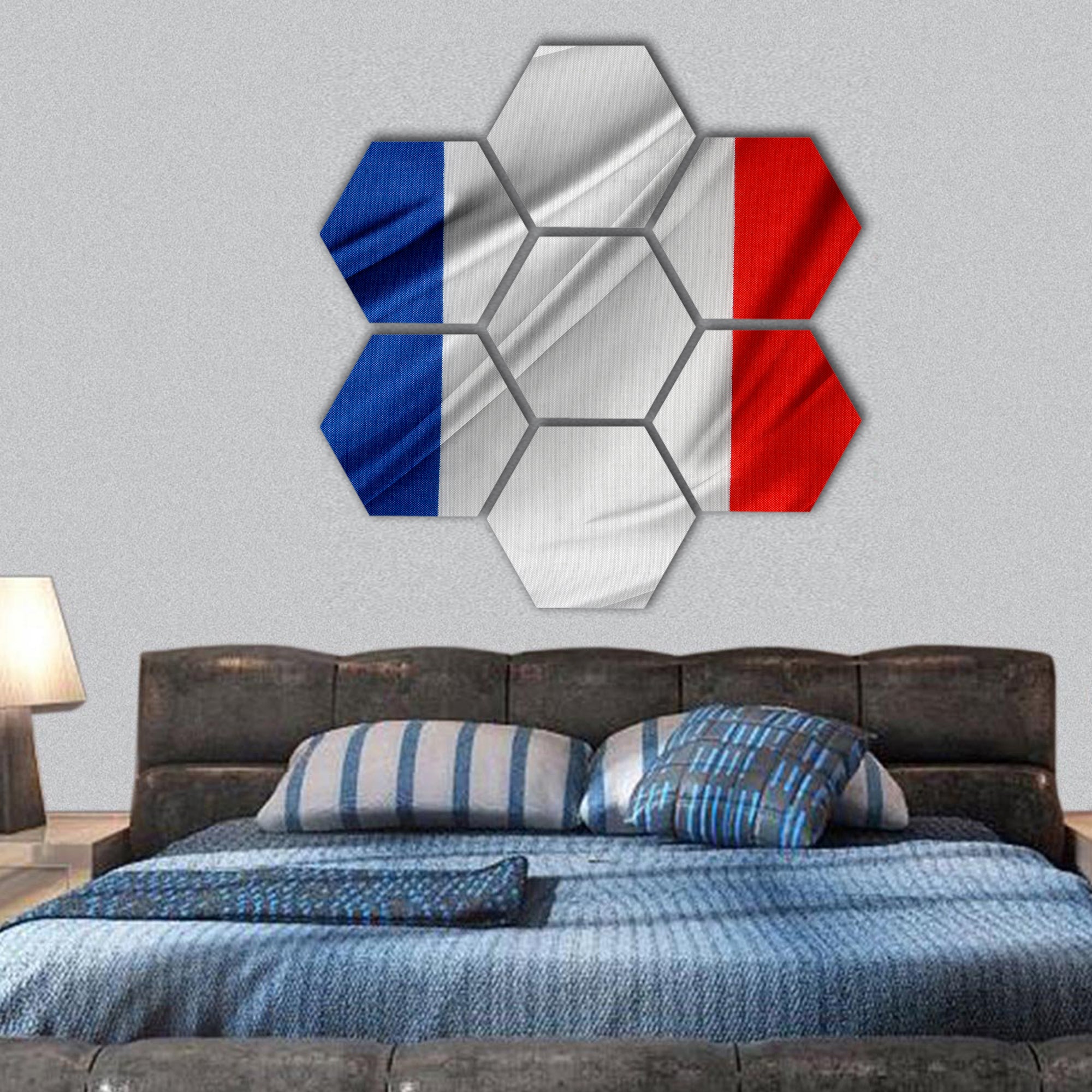 Closeup of silky French flag hexagonal canvas wall art
