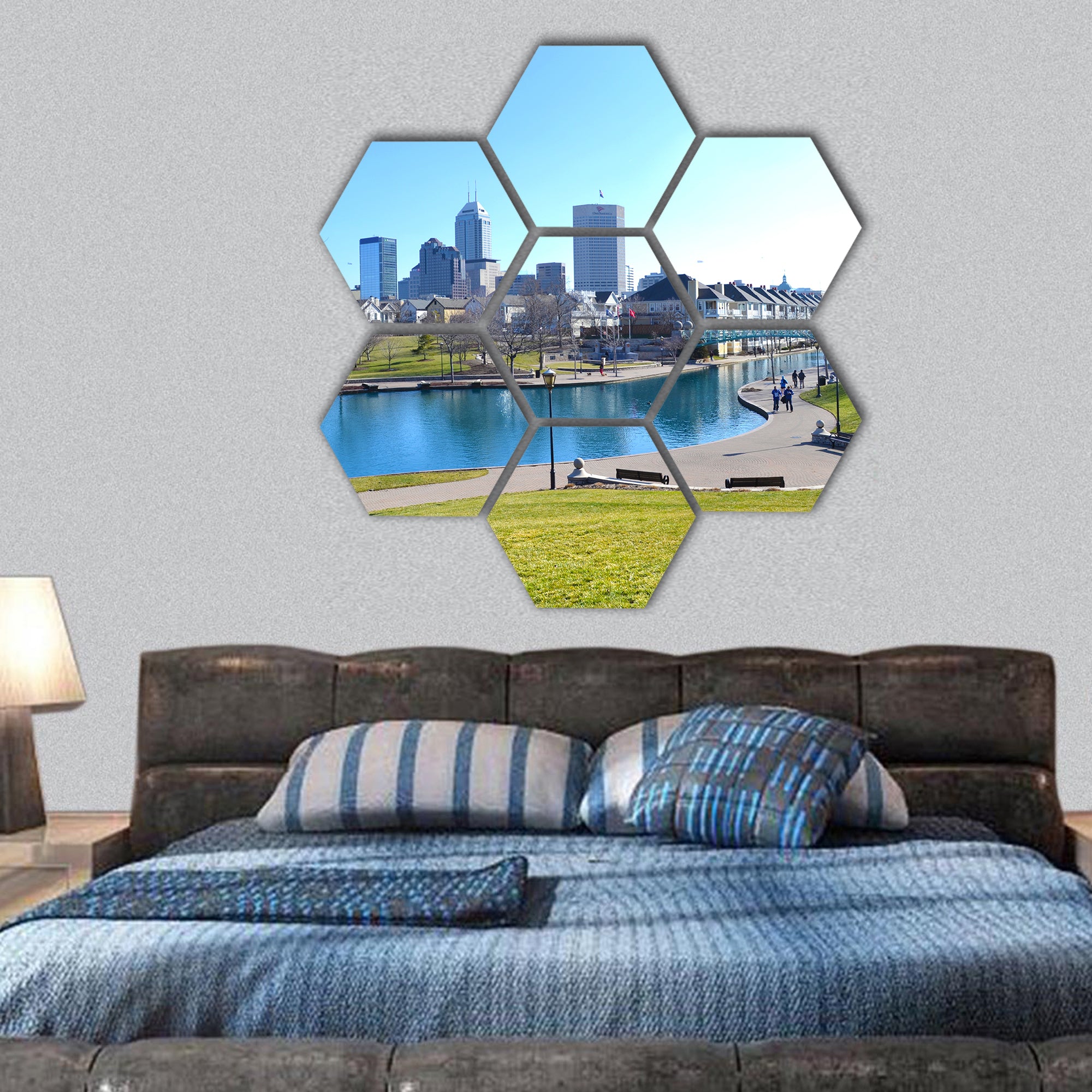 Indiana Canal and Skyline  hexagonal canvas wall art