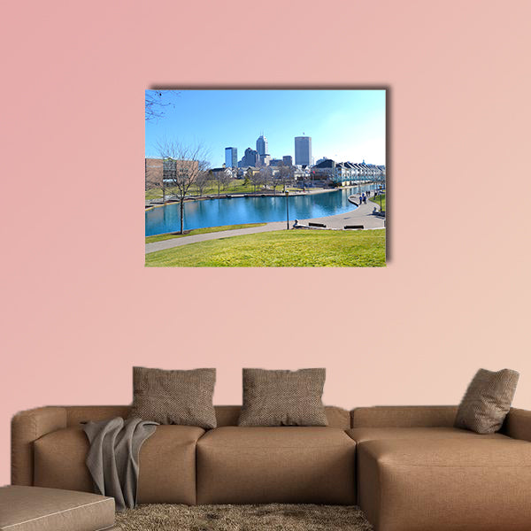 The Indianapolis, Indiana Canal and Skyline during the Day Multi panel canvas wall art