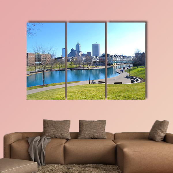 The Indianapolis, Indiana Canal and Skyline during the Day Multi panel canvas wall art