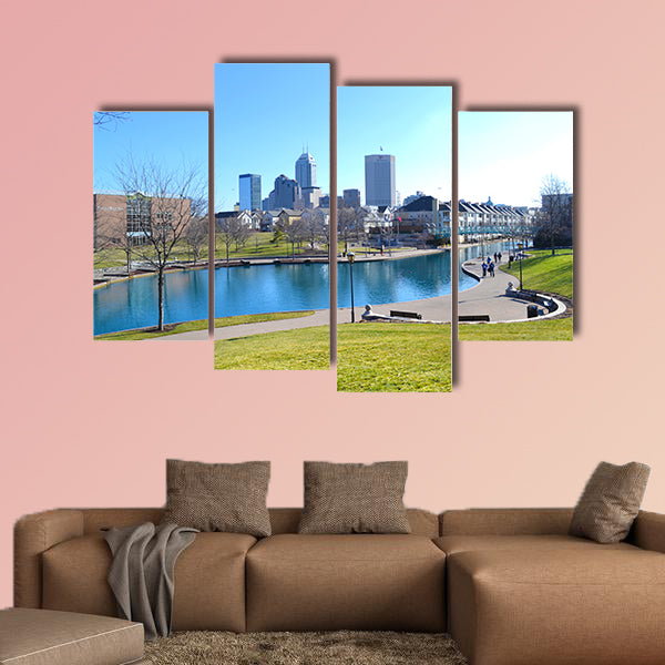 The Indianapolis, Indiana Canal and Skyline during the Day Multi panel canvas wall art