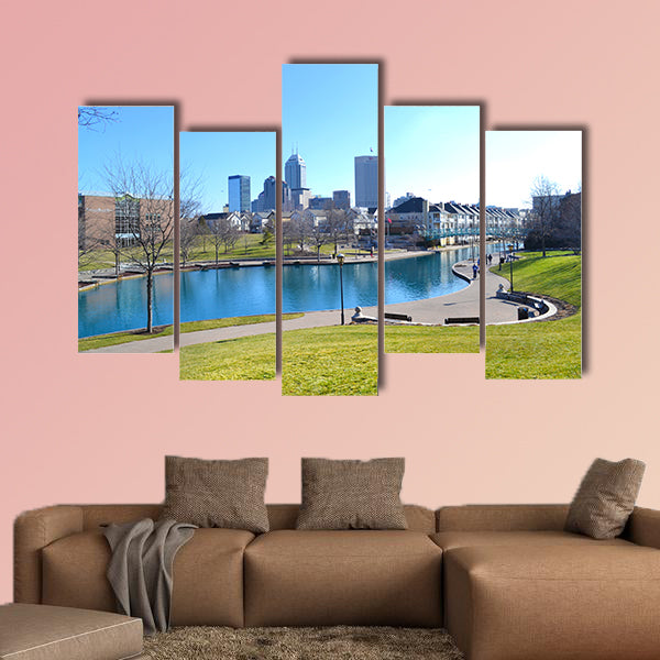 The Indianapolis, Indiana Canal and Skyline during the Day Multi panel canvas wall art