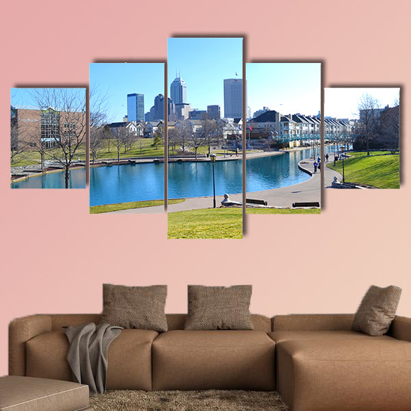 The Indianapolis, Indiana Canal and Skyline during the Day Multi panel canvas wall art