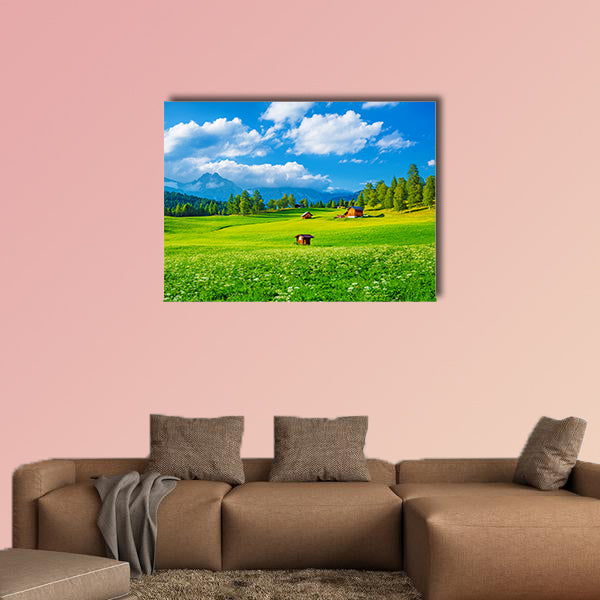 Beautiful landscape of valley in Alpine mountains, small houses in canvas wall art