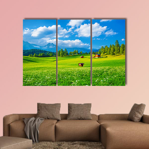 Beautiful landscape of valley in Alpine mountains, small houses in canvas wall art