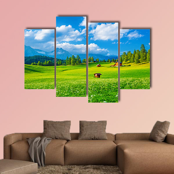 Beautiful landscape of valley in Alpine mountains, small houses in canvas wall art