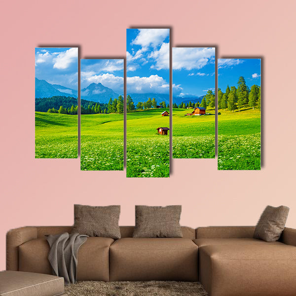 Beautiful landscape of valley in Alpine mountains, small houses in canvas wall art