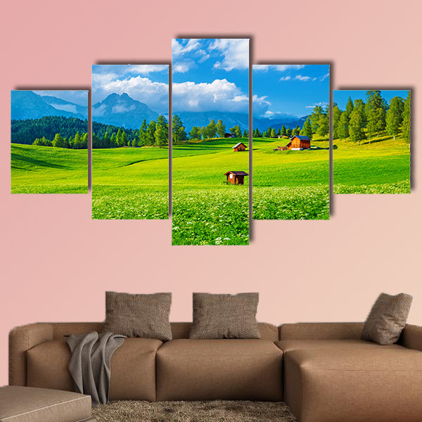 Beautiful landscape of valley in Alpine mountains, small houses in canvas wall art