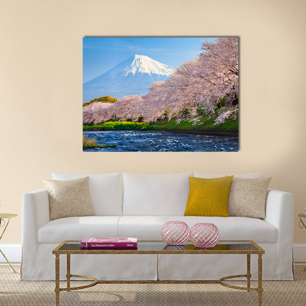 Fuji and Sakura at river in the morning multi panel canvas wall art