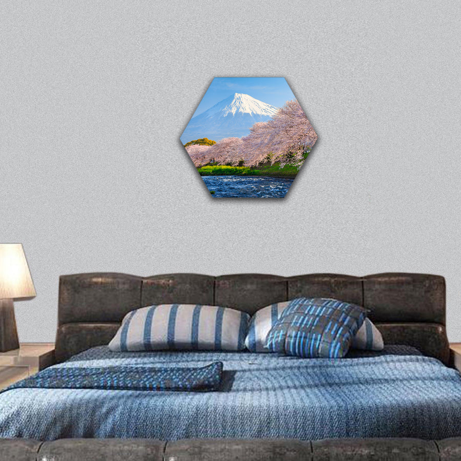 Fuji and Sakura at river in the morning hexagonal canvas wall art