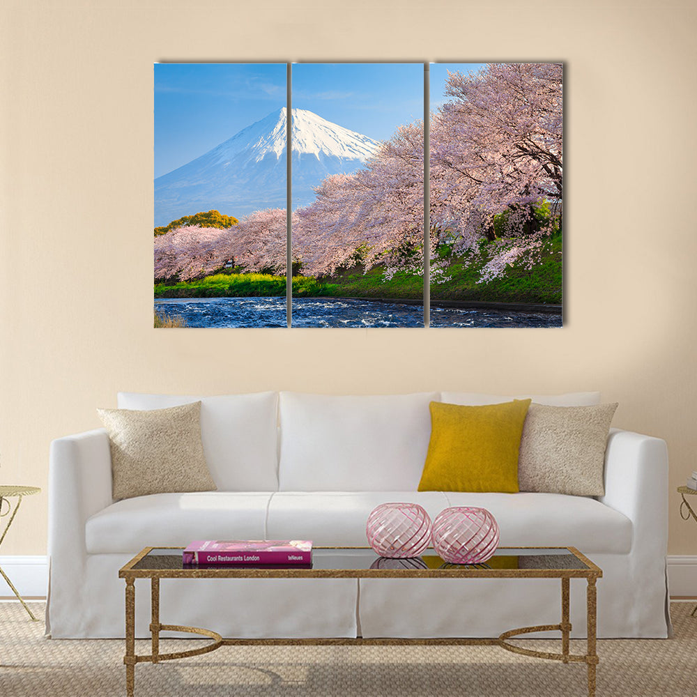 Fuji and Sakura at river in the morning multi panel canvas wall art