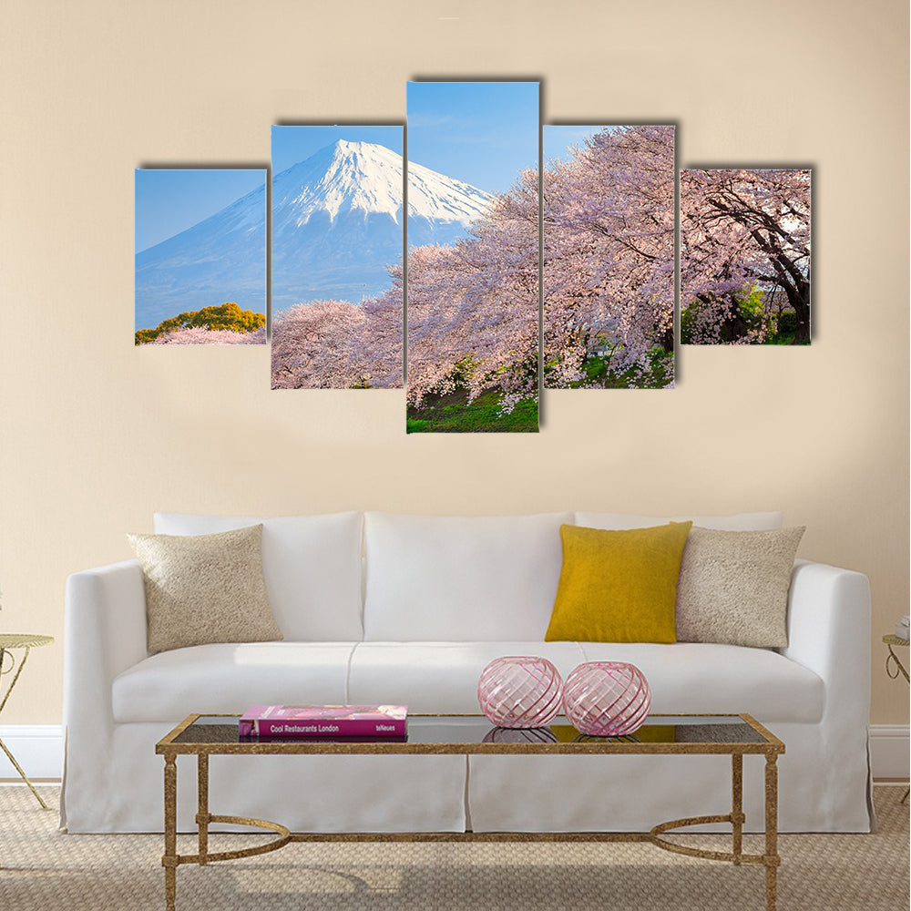 Fuji and Sakura at river in the morning multi panel canvas wall art