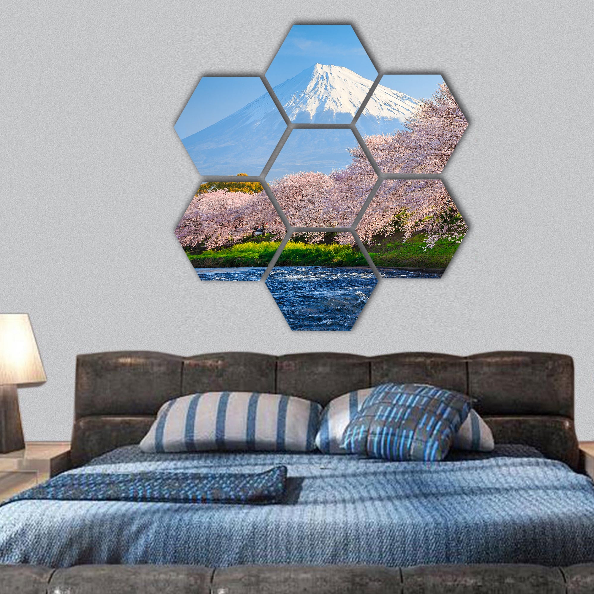 Fuji and Sakura at river in the morning hexagonal canvas wall art