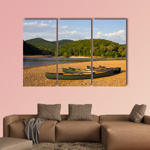 Canoes on the bank of the Buffalo River, Arkansas multi panel canvas wall art