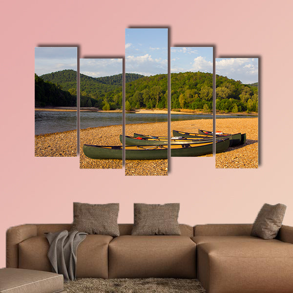 Canoes on the bank of the Buffalo River, Arkansas multi panel canvas wall art