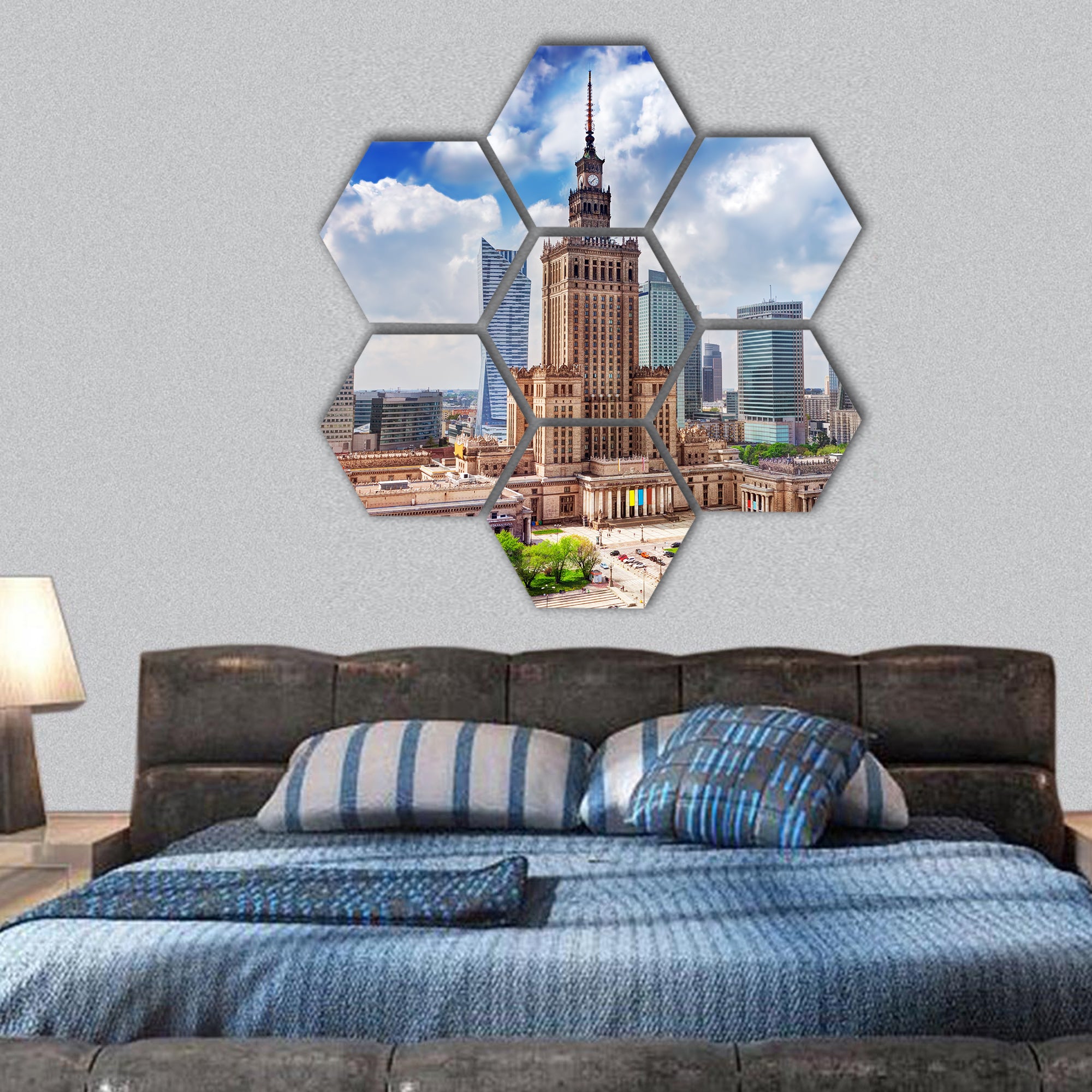 Palace of Culture and Science business skyscrapers, Warsaw hexagonal canvas wall art
