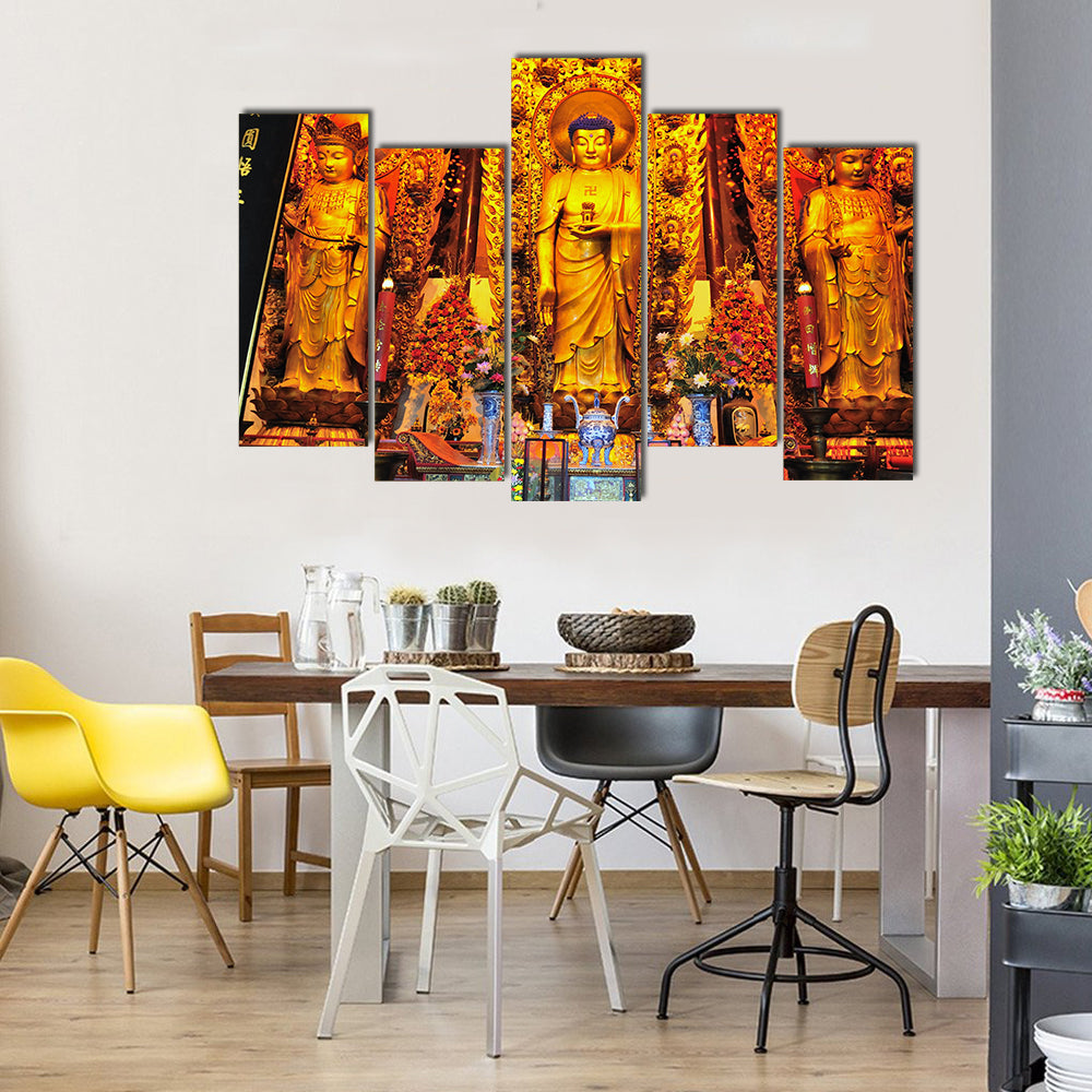 Decorated Interior Of A Buddhist Shrine In Shanghai, China Multi Panel Canvas Wall Art