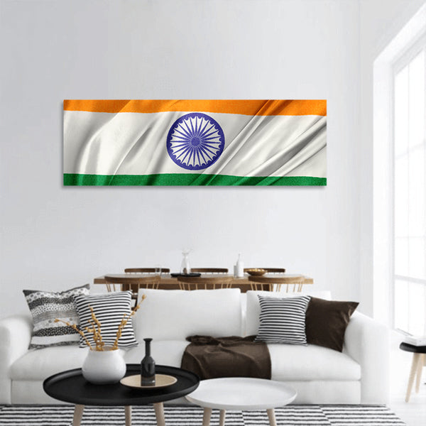 Closeup of silky Indian flag panoramic canvas wall art