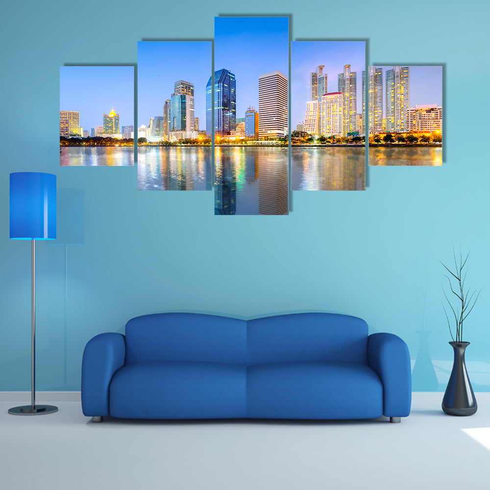 Panorama of Bangkok in Benjakiti Park, Thailand multi panel canvas wall art