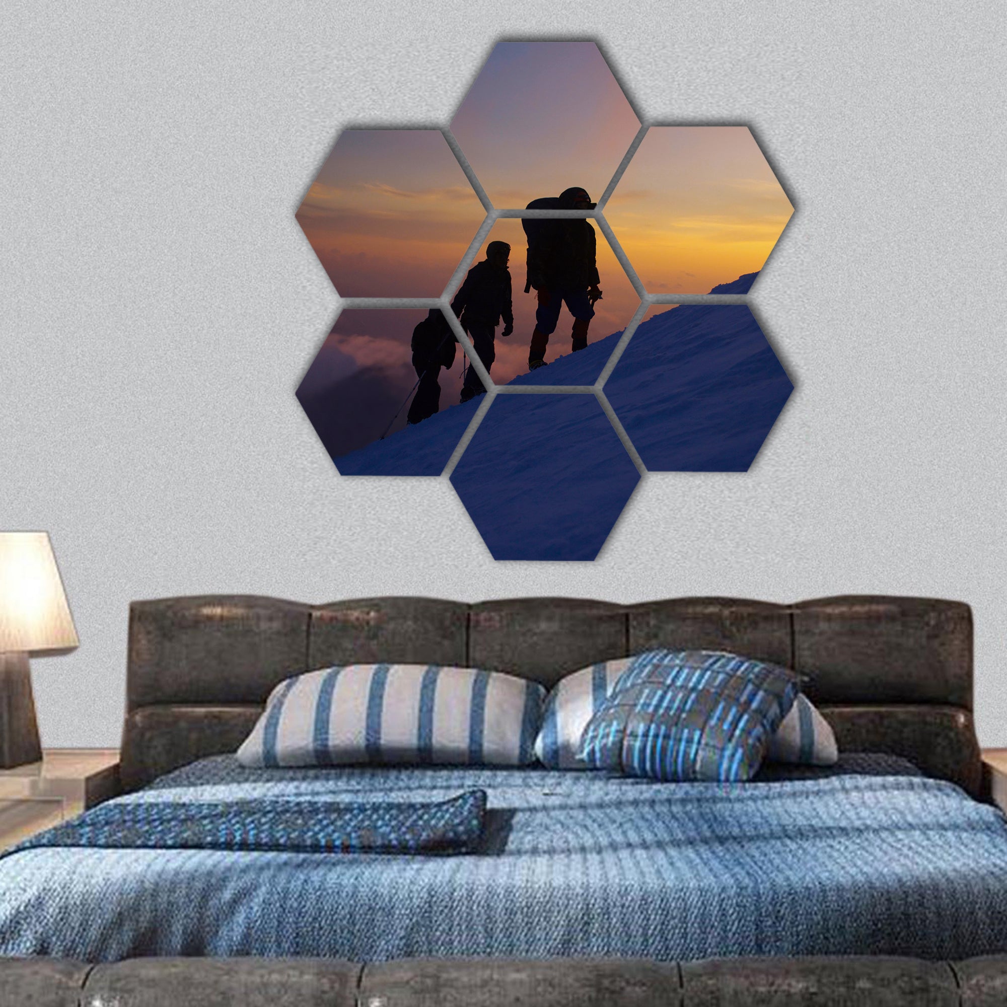 Group of climbers on the Everest hexagonal canvas wall art