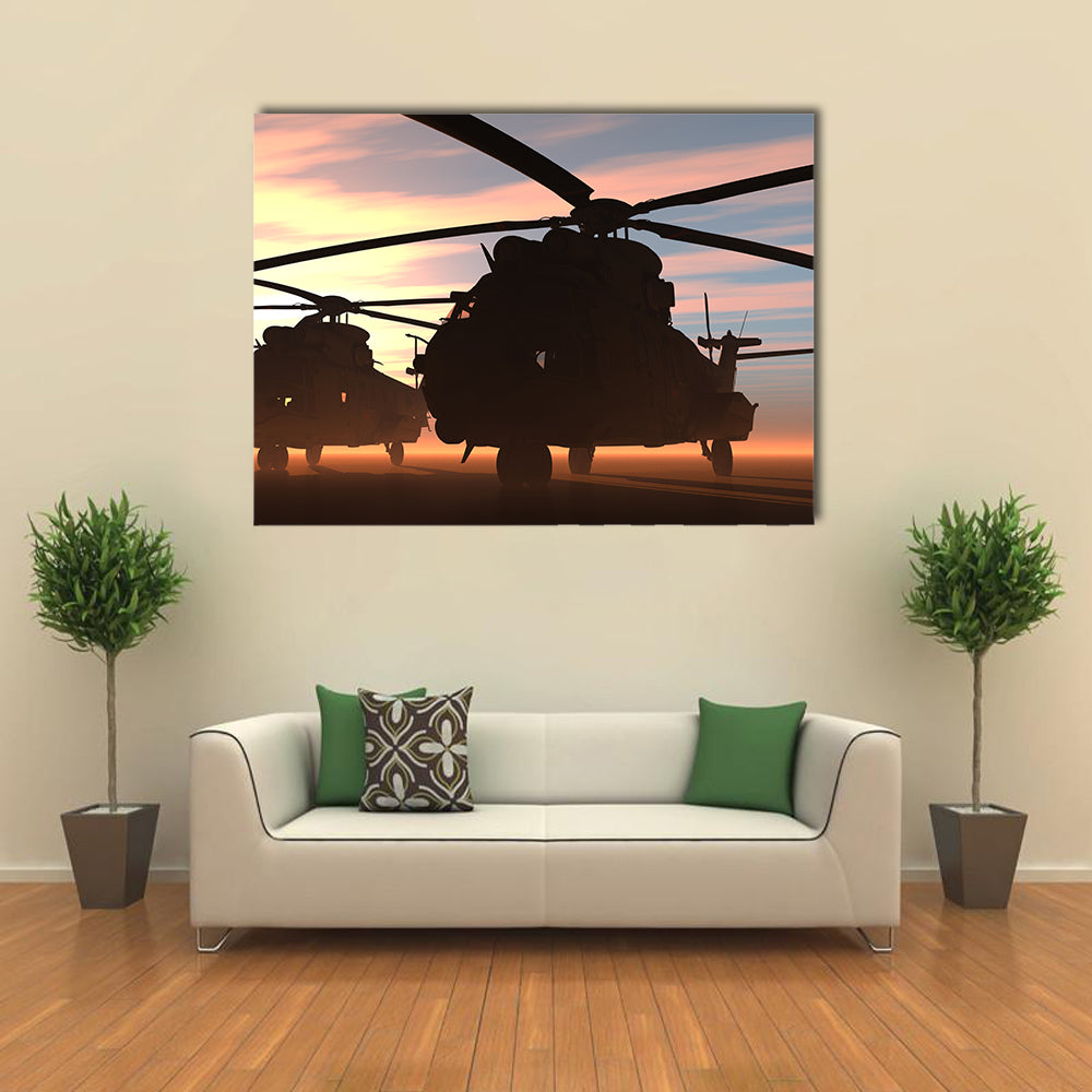 View Of Military Helicopters Flying Together Multi Panel Canvas Wall Art