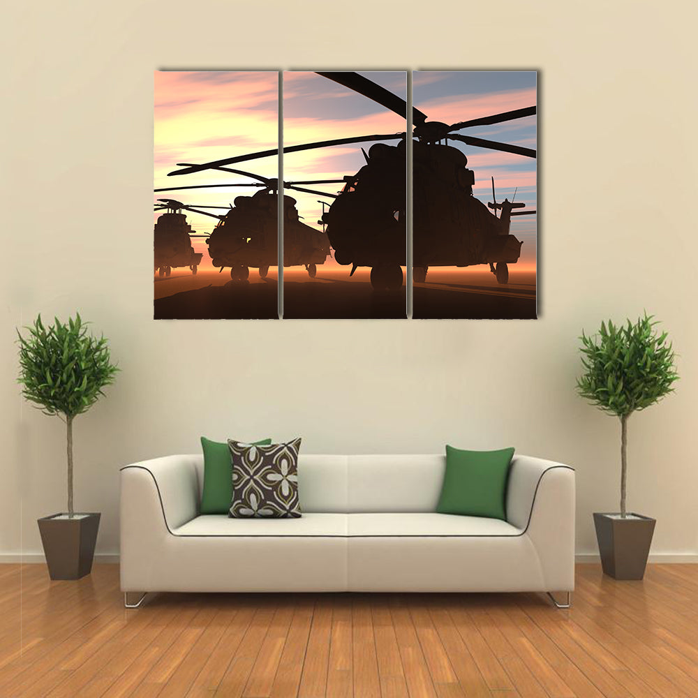 View Of Military Helicopters Flying Together Multi Panel Canvas Wall Art
