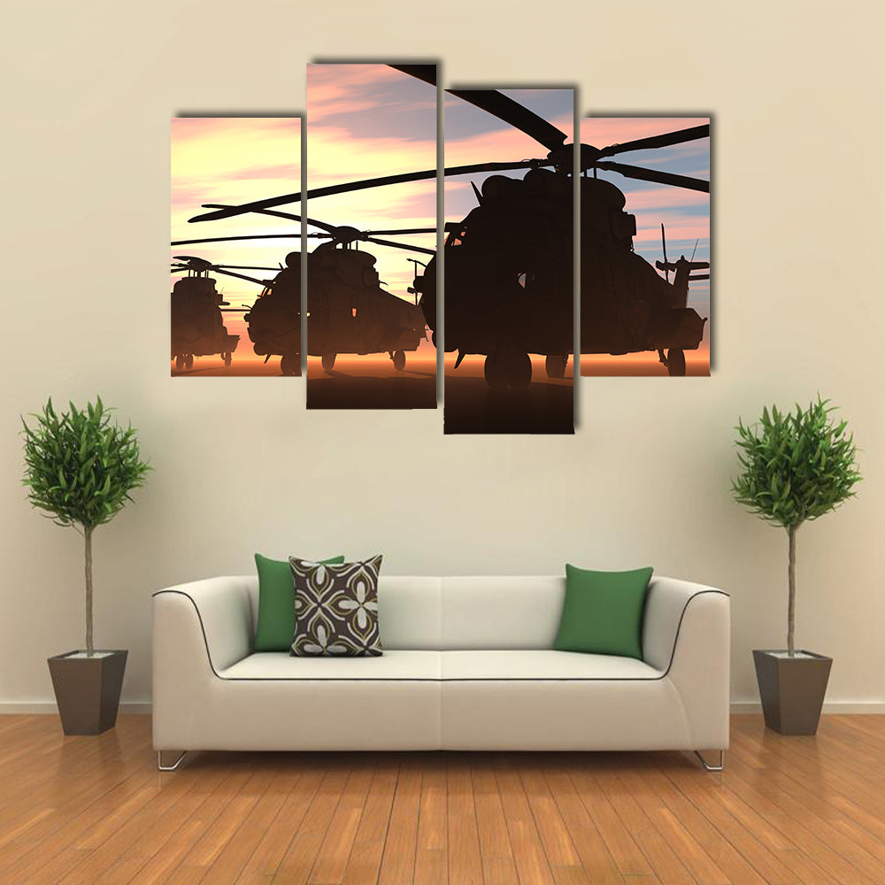 View Of Military Helicopters Flying Together Multi Panel Canvas Wall Art