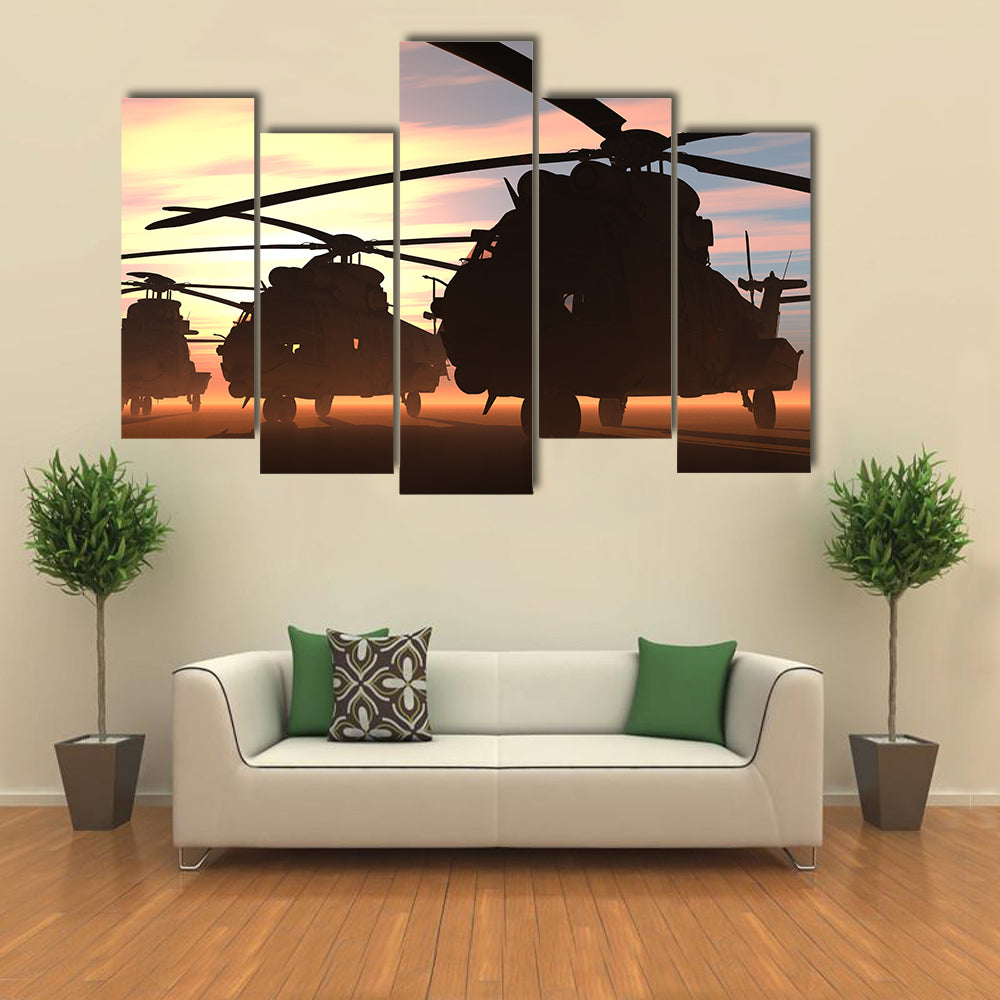 View Of Military Helicopters Flying Together Multi Panel Canvas Wall Art