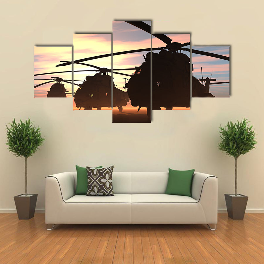 View Of Military Helicopters Flying Together Multi Panel Canvas Wall Art