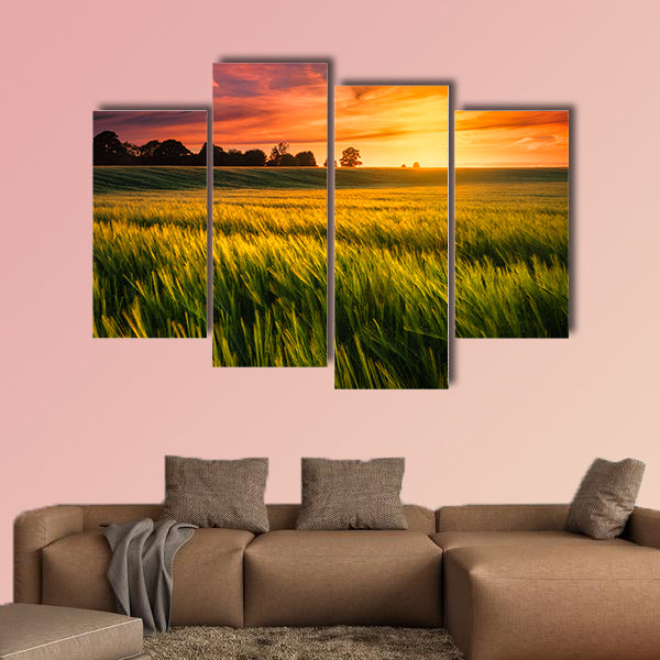 Sunset over a wheat field multi panel canvas wall art