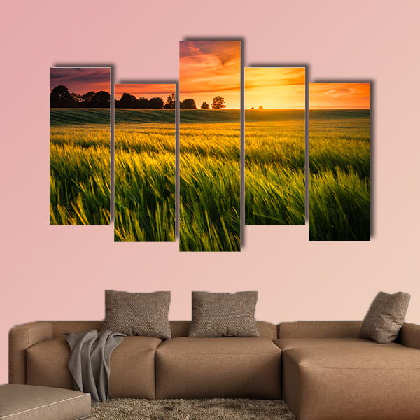 Sunset over a wheat field multi panel canvas wall art
