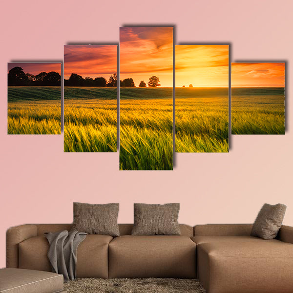 Sunset over a wheat field multi panel canvas wall art