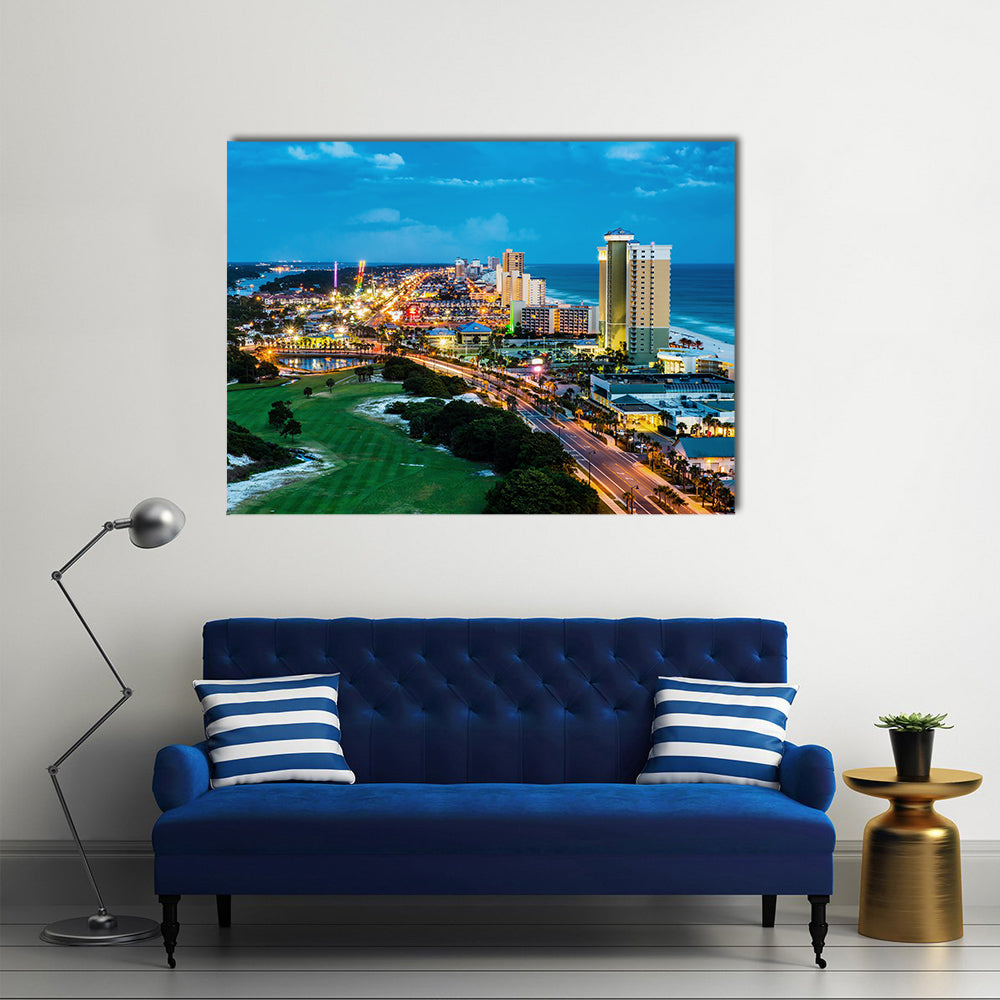 Panama City Beach, Florida, view of Front Beach Road at night during blue hour multi panel canvas wall art