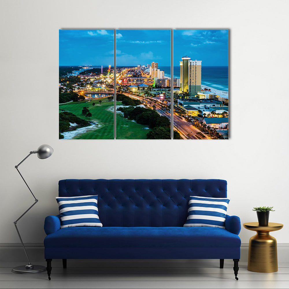 Panama City Beach, Florida, view of Front Beach Road at night during blue hour multi panel canvas wall art