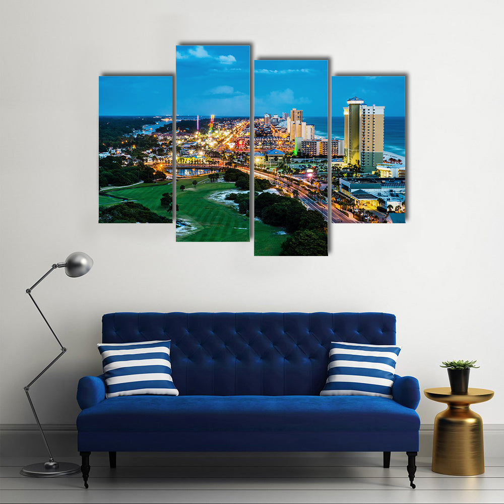 Panama City Beach, Florida, view of Front Beach Road at night during blue hour multi panel canvas wall art