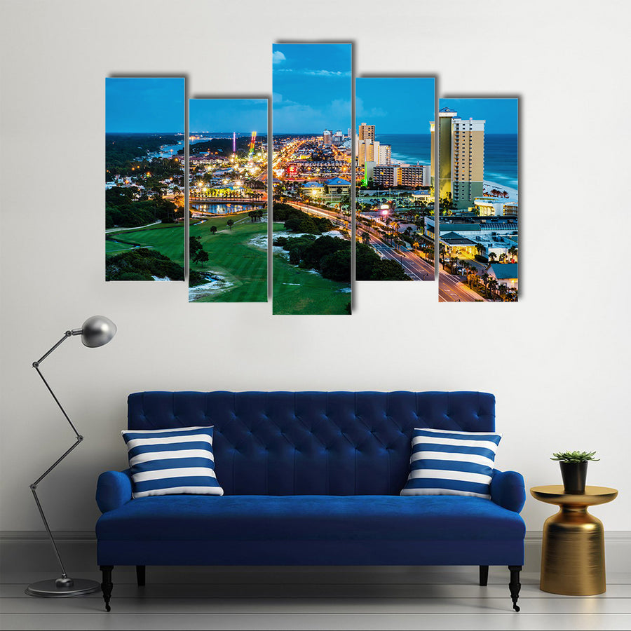 Panama City Beach, Florida, view of Front Beach Road at night during blue hour multi panel canvas wall art