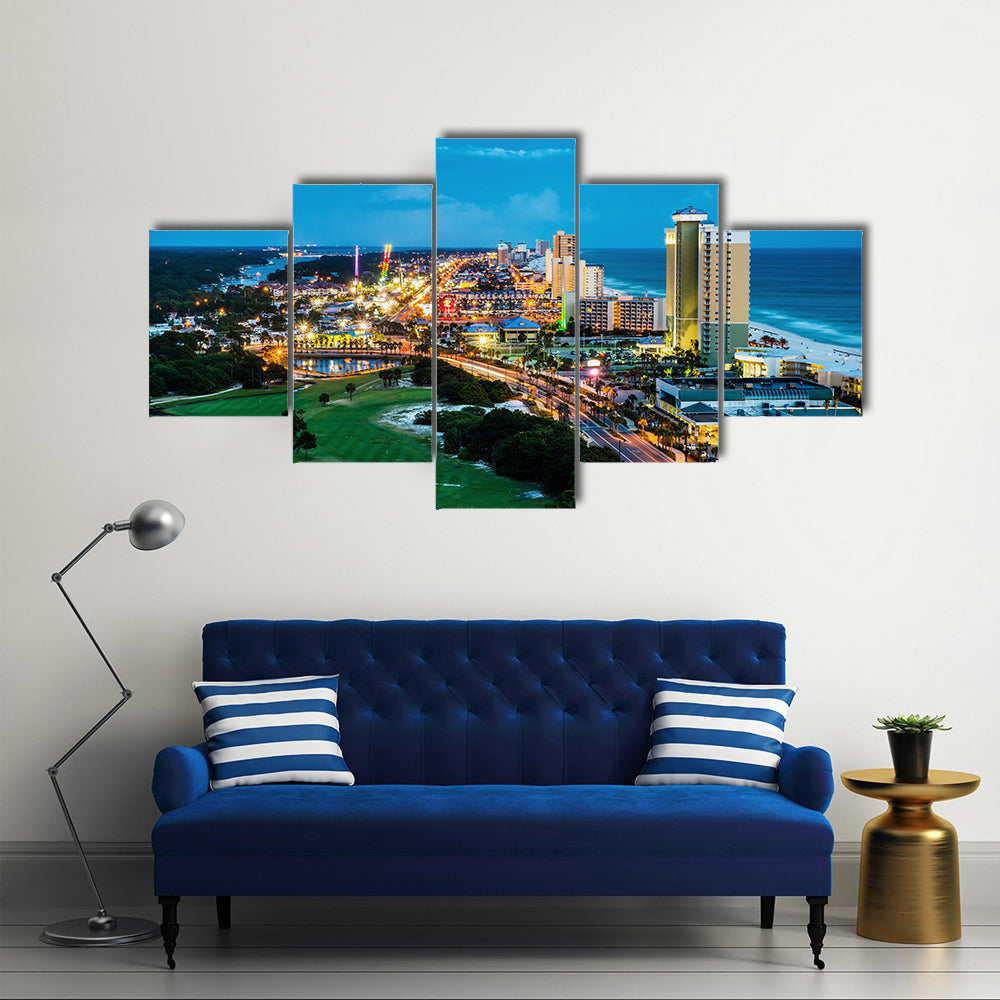 Panama City Beach, Florida, view of Front Beach Road at night during blue hour multi panel canvas wall art