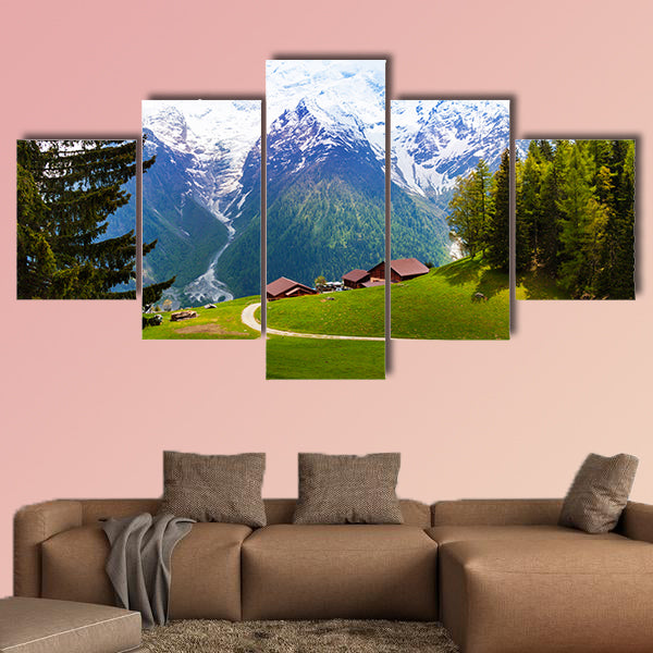 Picturesque landscape with houses and mountains view near multi panel canvas wall art
